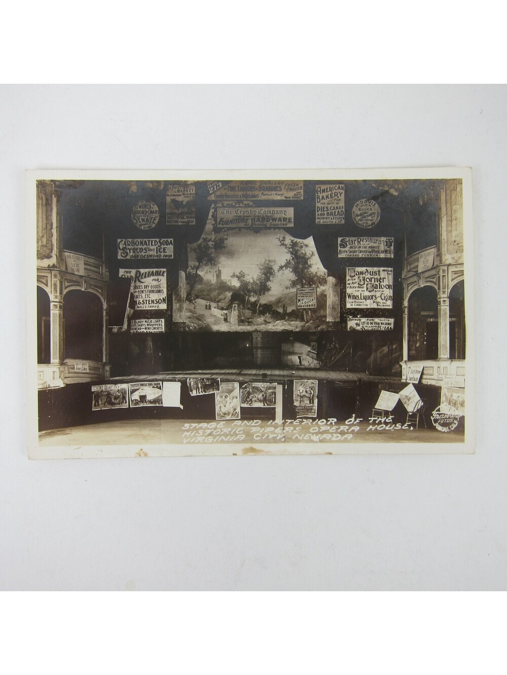 Real Photo Postcard RPPC Virginia City Nevada Pipers Opera House Stage, Interior